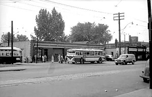 The Luttrell loop and the garage of the Danforth Bus Lines, on Danforth, 1954-07-18.jpg