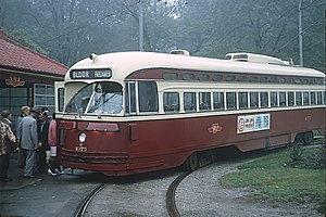 TTC 4375 (PCC) a BLOOR PARLIAMENT car on the Viaduct Loop at Bloor and Parliament in Toronto, ONT on September 8, 1965 (22394478140).jpg