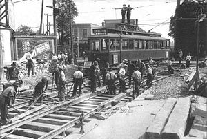 Looking south on Coxwell Avenue to Queen Street on the day the new Toronto Transportation Commission 'went into business.' (Trans 173 AJP).jpg